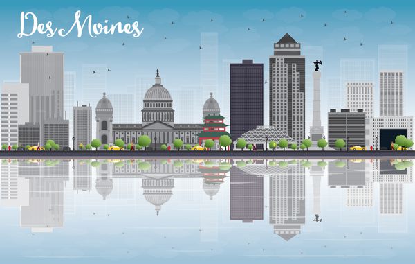Des Moines Skyline با ساختمان های خاکستری و بازتاب ها
