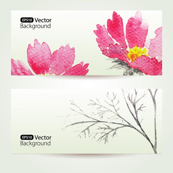 دو آگهی آبرنگ گلدار با دسته گلهای صورتی