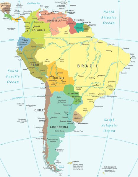 نقشه آمریکای جنوبی تصویر برداری کاملاً دقیق