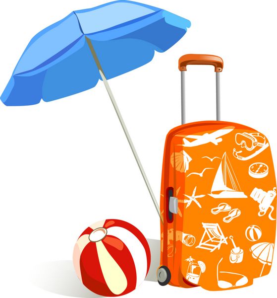 چمدان با عناصر مسافرتی و چتر آفتاب