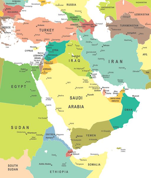 نقشه خاورمیانه و آسیا تصویر برداری کاملاً دقیق