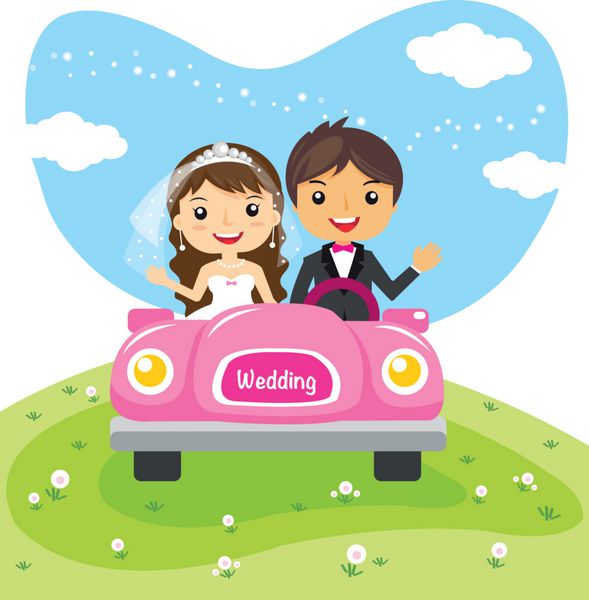 زن و شوهر عروسی در ماشین کارتون طراحی شخصیت ازدواج تصویر برداری