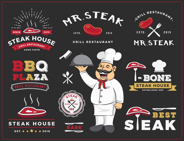 مجموعه طرح برچسب آرم رستوران استیک و گریل با طرح تمبل کارتونی سرآشپز و عنصر تزئینی تصویر برداری
