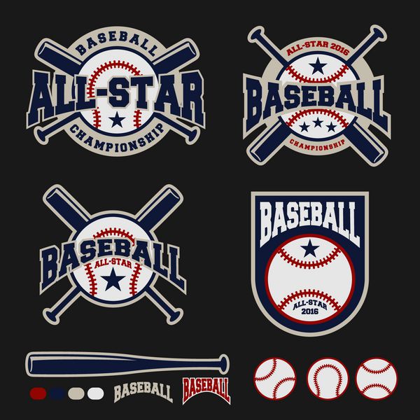 مجموعه برچسب آرم ورزشی بیس بال برای طراحی لباس و الگوی آرم تصویر برداری