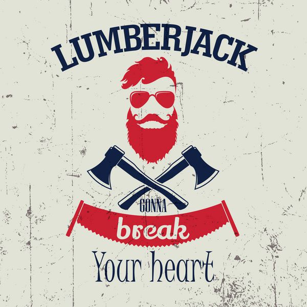 Lumberjack می خواهد برچسب قلب آرم طراحی تی شرت خود را با مرد مصور در ریش و عینک با تبر بشکند