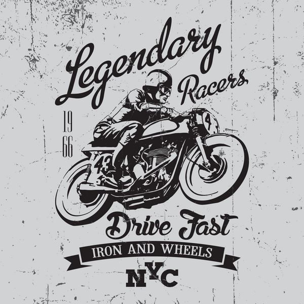 طراحی برچسب تیشرت افسانه ای پرنعمت پرنسس با دست اتومبیل رانی و موتور سیکلت نقاشی بر روی زمینه غبارآلود کشیده شده است