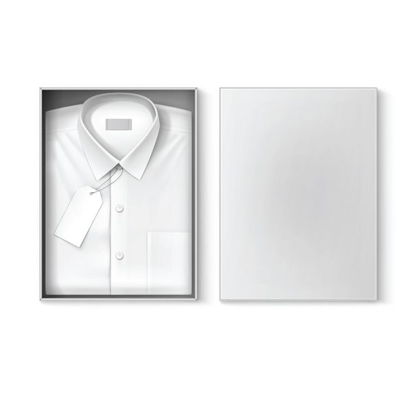 پیراهن مردانه کلاسیک سفید با برچسب در جعبه بسته بندی
