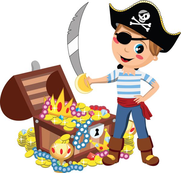 بچه دزد دریایی کارتونی با لکه چشم و شمشیر در مقابل قفسه سینه گنج جدا شده