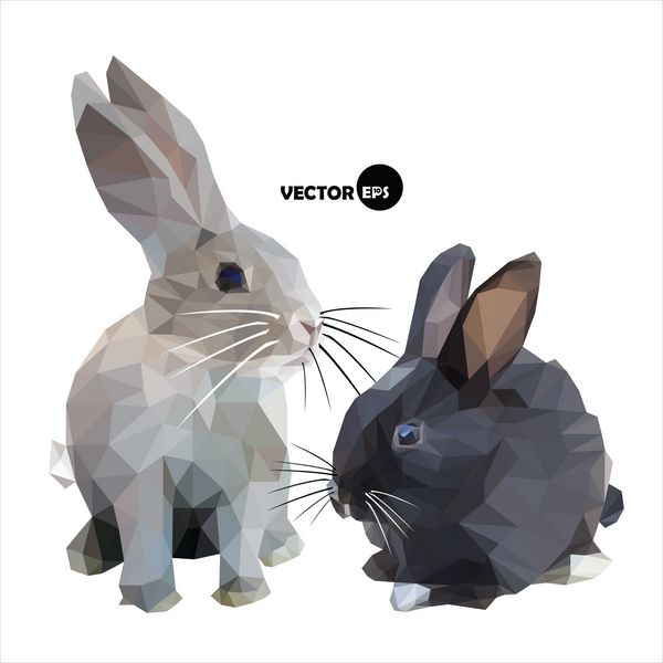 خرگوش و خرگوش سیاه و سفید جدا شده در زمینه سفید Bunny and Bunny cute در سبک وکتور چند ضلعی انتزاعی کم پلی ساخته شده است