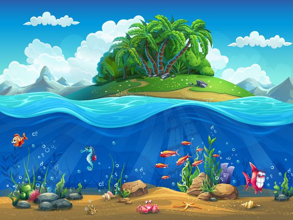 کارتون جهان زیر آب با ماهی گیاهان جزیره