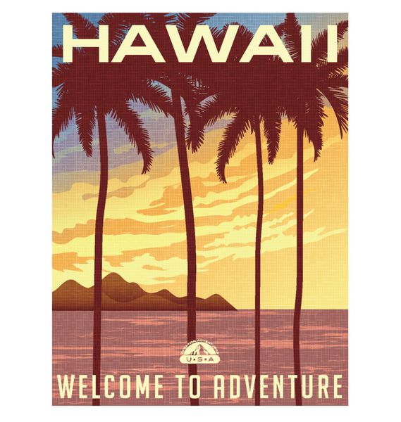 پوستر یا برچسب سفر به سبک یکپارچهسازی با سیستمعامل ایالات متحده غروب آفتاب و نخلستان هاوایی
