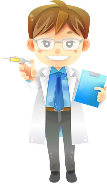 پزشک پزشک مرد کارتونی به صورت یکنواخت با سرنگ تزریقی و تخته اطلاعاتی بیمار توسط وکتور ایجاد کنید
