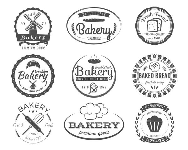 مجموعه ای از برچسب های نانوایی نشان ها و عناصر طراحی نمادها تازه