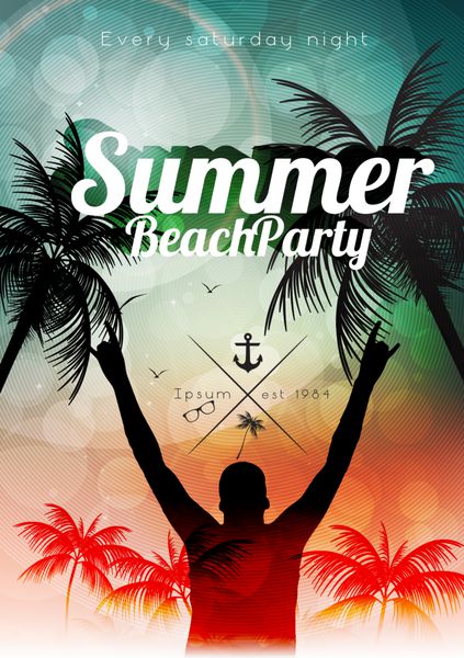 طراحی بروشور مهمانی ساحل تابستانی با نخلستان ها تصویر برداری