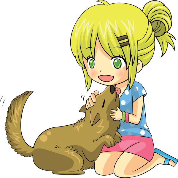 دختر کارتونی ناز با سگ اهلی حیوان خانگی خود در زمینه ای جدا شده بازی می کند و با آن دوست نوازش می کند توسط وکتور ایجاد شود