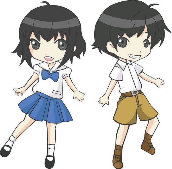 کارتون و دانش آموز زوج دانشجویی تایلندی آسیایی و دانش آموز مدرسه در دبیرستان لباس اسپری شخصیت های فوق العاده تغییر شکل با شادی در پس زمینه جدا شده می رقصند ایجاد شده توسط وکتور