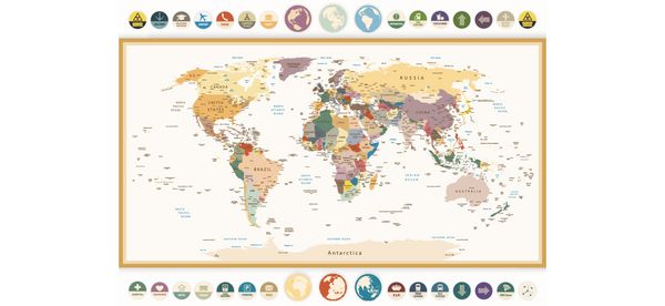 نقشه جهان سیاسی با آیکون های مسطح و globes رنگ های پرنعمت