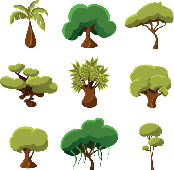 درختان کارتونی برگ ها و بوته ها تصویر برداری را تنظیم می کنند