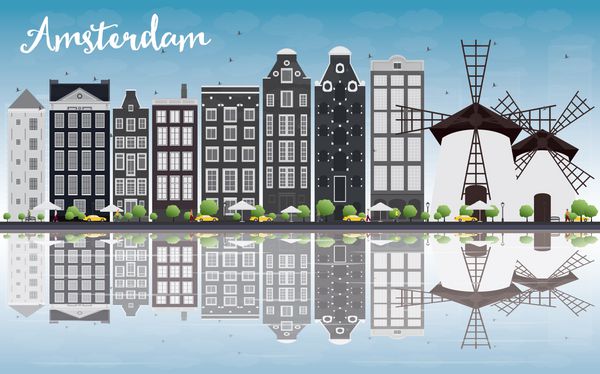 افق شهر آمستردام با ساختمان های خاکستری و بازتاب