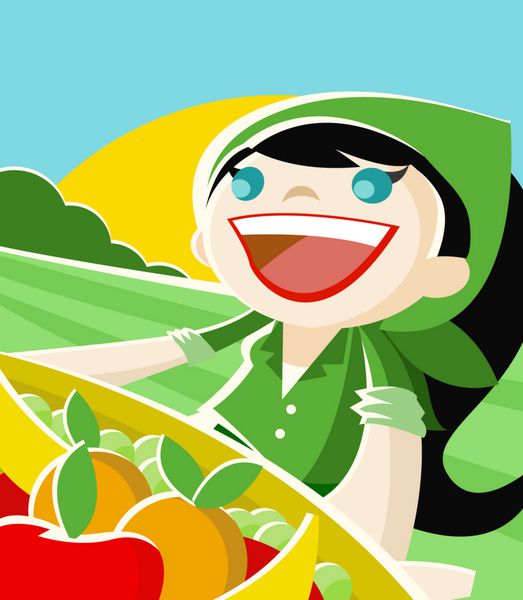 mujer alegre en el campo con canasto con verduras y frutas