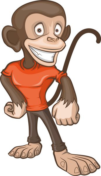 مرد میمون با تی شرت لباس پوشیده است میمون ایستاده و لبخند می زند