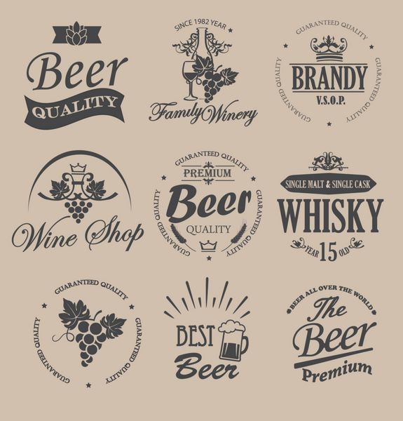مجموعه نشان ها و عناصر برچسب برای نوشیدنی های الکلی تصویر برداری