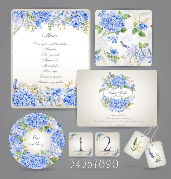 مجموعه قالب های جشن عروسی گلهای آبی آبرنگ آبی آبی اسطوخودوس توت کارت دعوت نامه شماره گذاری برای جداول و عناصر مختلف