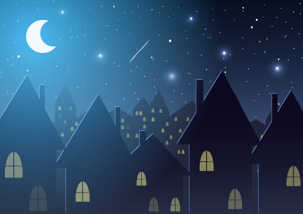 تصویر برداری شهر شب در برابر ستاره ها و ماه
