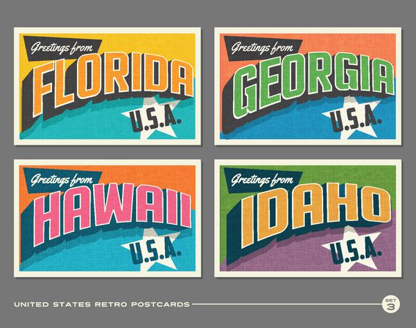 کارت پستال های چاپی پرنعمت ایالات متحده با فلوریدا جورجیا هاوایی آیداهو