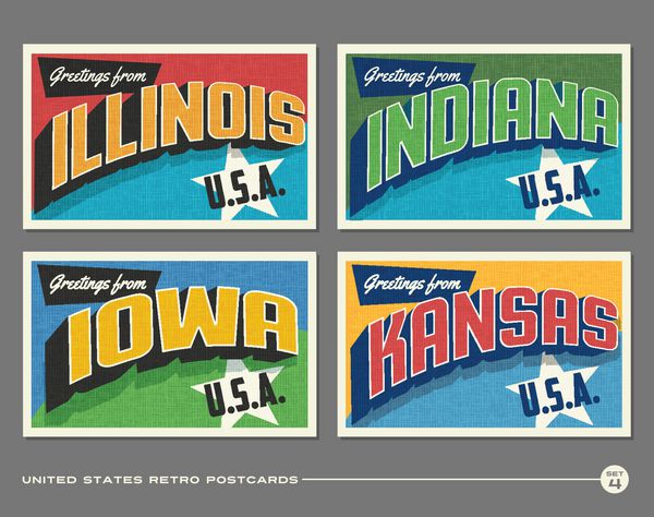 کارت پستال های چاپی پرنعمت ایالات متحده با ایلینویز ایندیانا آیووا کانزاس