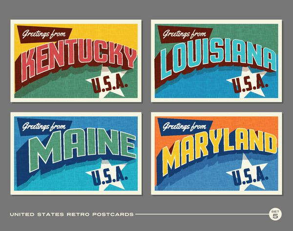 کارت پستالهای چاپی پرنعمت ایالات متحده با کنتاکی لوئیزیانا ماین مریلند