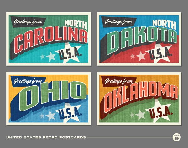 کارت پستال های چاپی پرنعمت ایالات متحده با کارولینای شمالی داکوتای شمالی اوهایو اوکلاهما