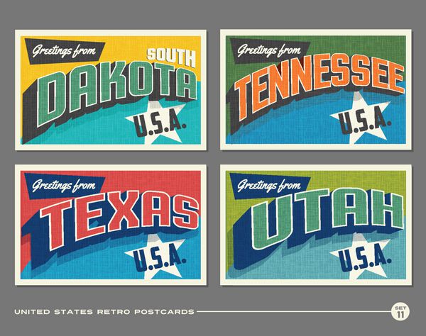کارت پستال های چاپی پرنعمت ایالات متحده با داکوتای جنوبی تنسی تگزاس یوتا