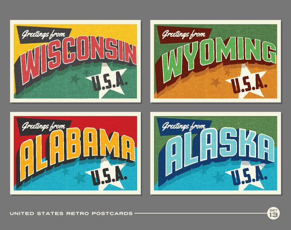 کارت پستال های چاپی پرنعمت ایالات متحده با ویسکانسین وایومینگ آلاباما آلاسکا