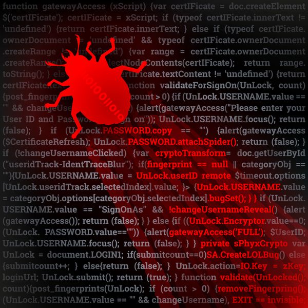 اشکال ویروس مفهوم هک کردن اشکال قرمز خزنده در بالای کد تصویر برداری کاملاً مقیاس پذیر