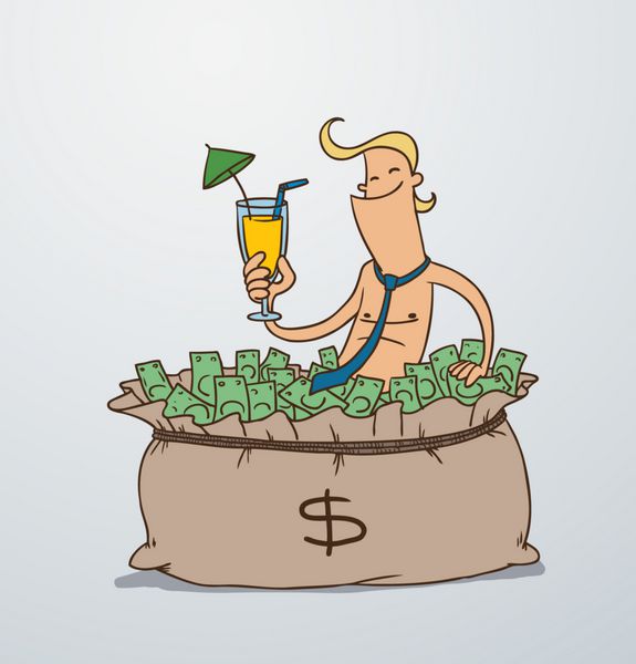 مرد بردار در یک کیسه بزرگ پول قرار می گیرد تصویر کارتونی از یک بلوند مرد که در یک کیسه بزرگ پر از پول می نشیند همانطور که در حمام است با یک در دست و روی یک پس زمینه نور