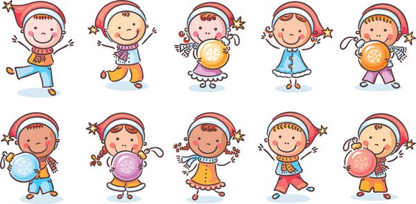 مجموعه بچه های کارتونی شاد در کلاه سانتا و با تزئینات کریسمس