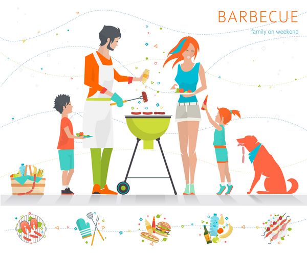 آخر هفته خانواده مهمانی باربیکیو فعالیت تابستانی در فضای باز تصویر صاف وکتور