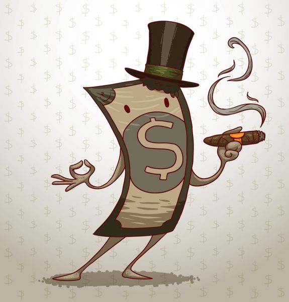 اسکناس وکتور پول خنده دار تصویر کارتونی اسکناس یک دلاری با بازوها و پاها که یک کلاه سیاه با یک سیگار در دست خود روی یک پس زمینه سبک پوشیده است