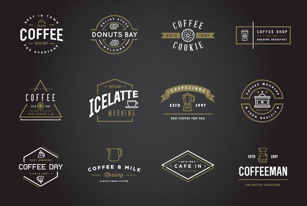 مجموعه قالبهای وکتور آرم قهوه و تصویر سازی لوازم جانبی قهوه با نمادهای گنجانیده شده با نامهای ساختگی