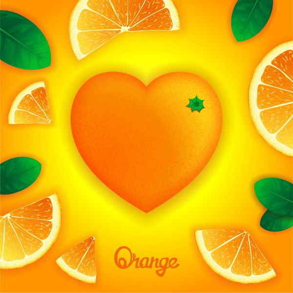 اطراف پرتقال فوتورالیستی به شکل قلب با برش های اطراف طراحی خلاق میوه ای