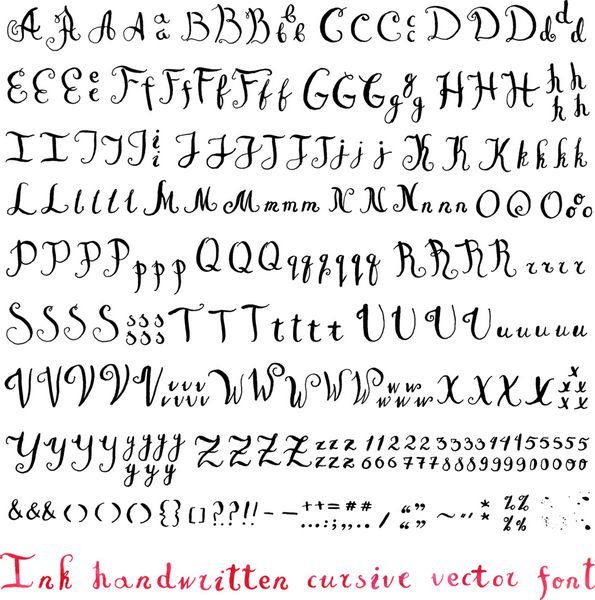 دستمال چاپی جوهر الفبای وکتور cursive فونت با انواع مختلف نوشتن همان حروف اعداد و علائم نگارشی