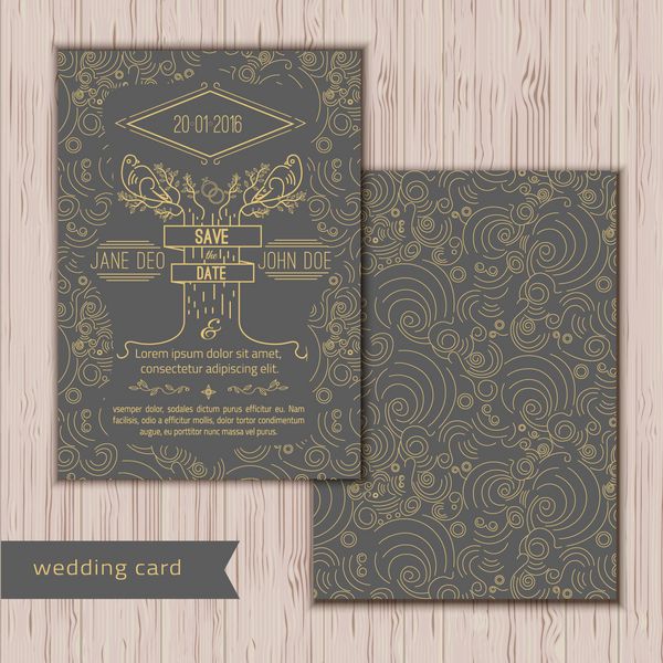 وکتور قالب کارت تاریخ را ذخیره کنید دعوت عروسی به سبک خطی مرسوم مد روز با درخت برچسب ها و پرندگان در شاخه هایی با زمینه تیره EPS10