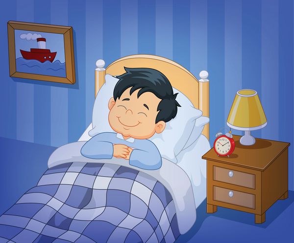 کارتون لبخند پسرک کوچکی را که در رختخواب می خوابید می کند