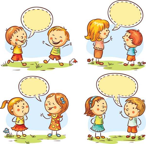 بچه های مبارک صحبت و نشان دادن احساسات مختلف مجموعه ای از چهار صحنه با حباب گفتار