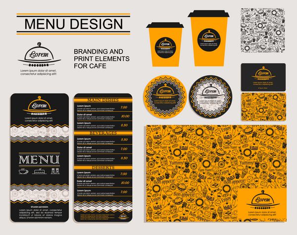 الگوی برندهای تجاری رستوران یا کافی نت مجموعه منو کارت ویزیت برچسب ها مفهوم طراحی روشن به رنگ مشکی و زرد