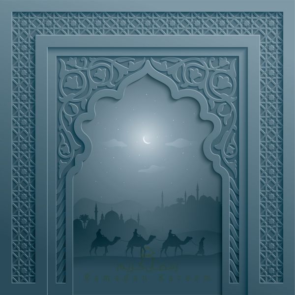 درب مسجد با الگوی هندسی و چشم انداز عربی برای تبریک مسلمان ماه رمضان کریم
