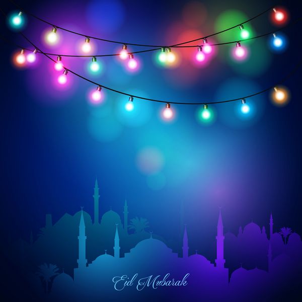 چراغ های رنگارنگ و زمینه تبریک جشن اسلامی عید مبارک