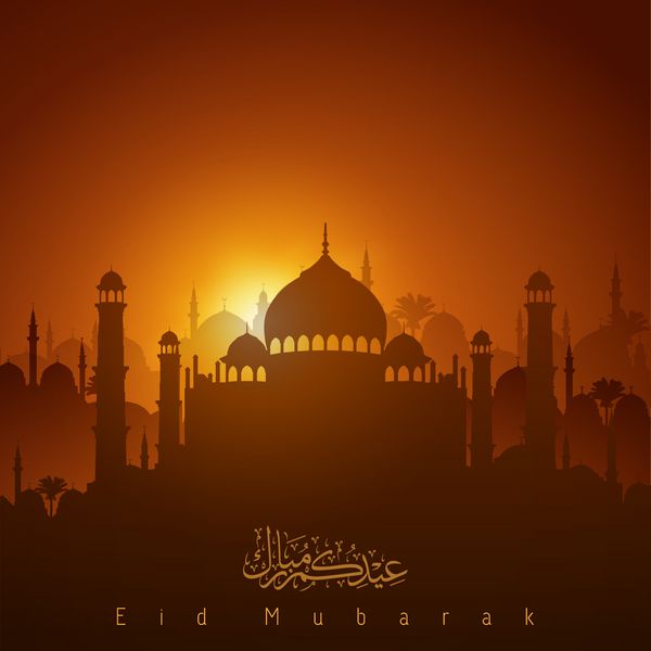 غروب خورشید روی شبح مسجدی و خطاطی عربی عید مبارک