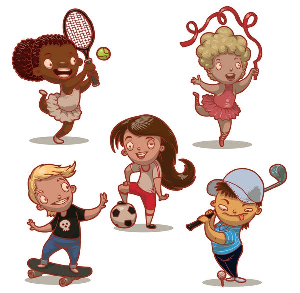 تصویر کارتونی وکتور پنج کودک خنده دار ورزش بازیکن تنیس ژیمناستیک بازیکن فوتبال گلف باز و اسکیت باز در زمینه سفید